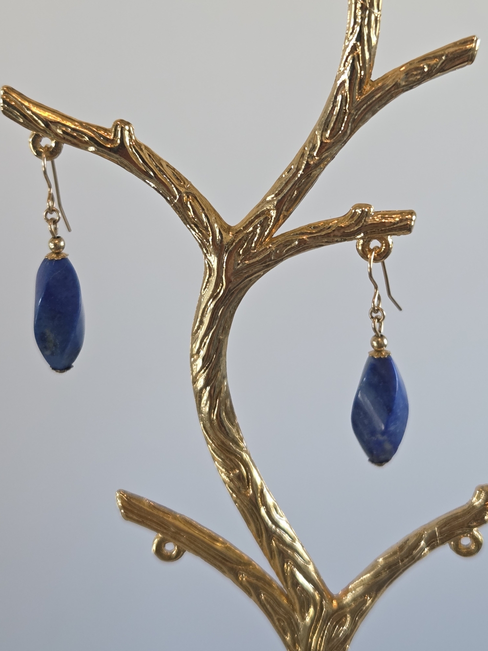 Gold Drop Earrings with Blue Stone Dangles